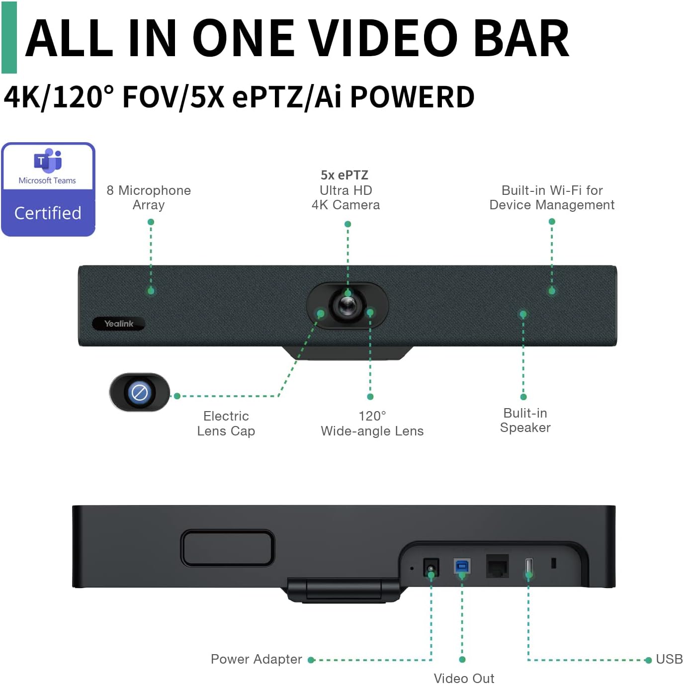 Yealink UVC34 4K Video Conference Camera Certified for Microsoft Teams, 120° Wide Angle Webcam