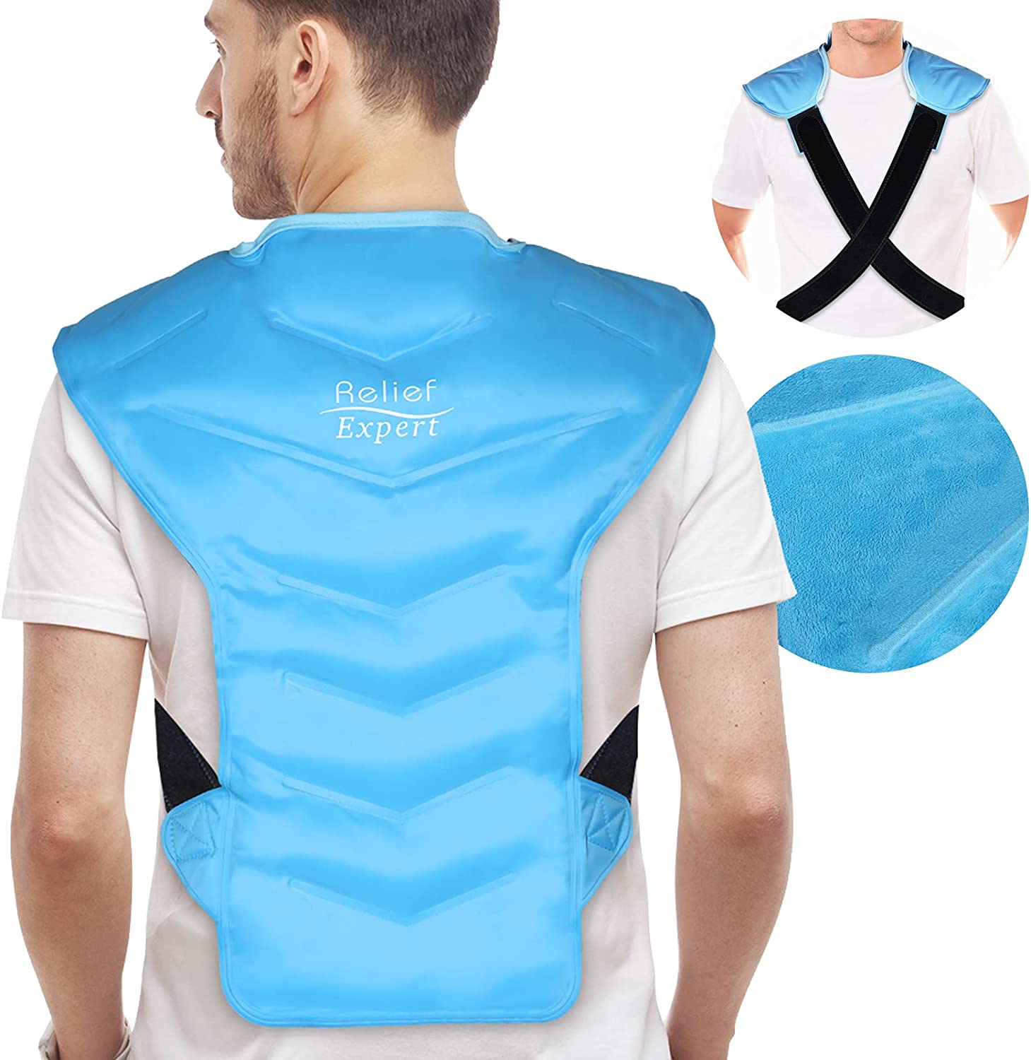 Relief Expert Large Full Back and Shoulder Rotator Cuff Ice Pack Wrap with Straps, Cold Packs for Injuries Reusable Gel, Cold Compression for Entire Back and Shoulders Pain Relief - Soft Plus