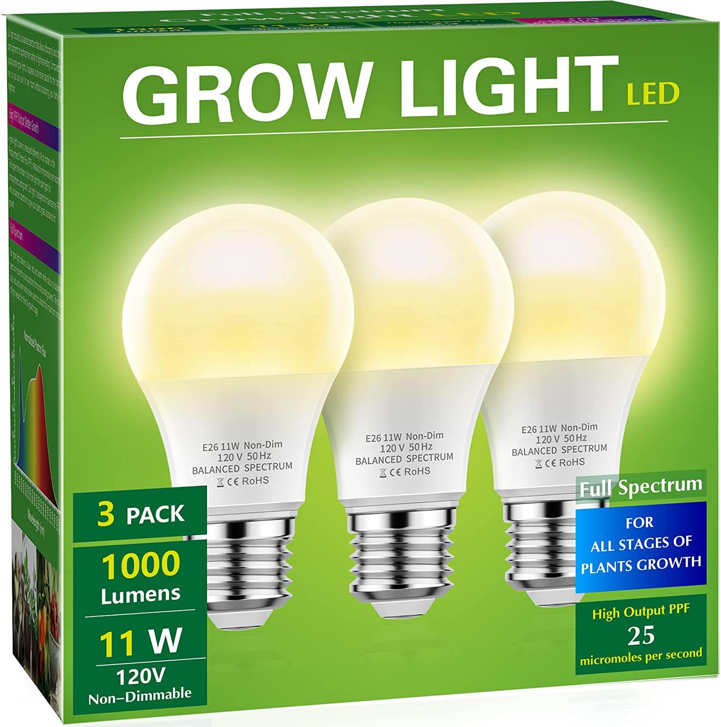 Briignite LED Grow Light Bulb - 11W, A19, 100W Equivalent, E26 Base, 3Pack - Perfect for Indoor Plants - Smart Tech Shopping