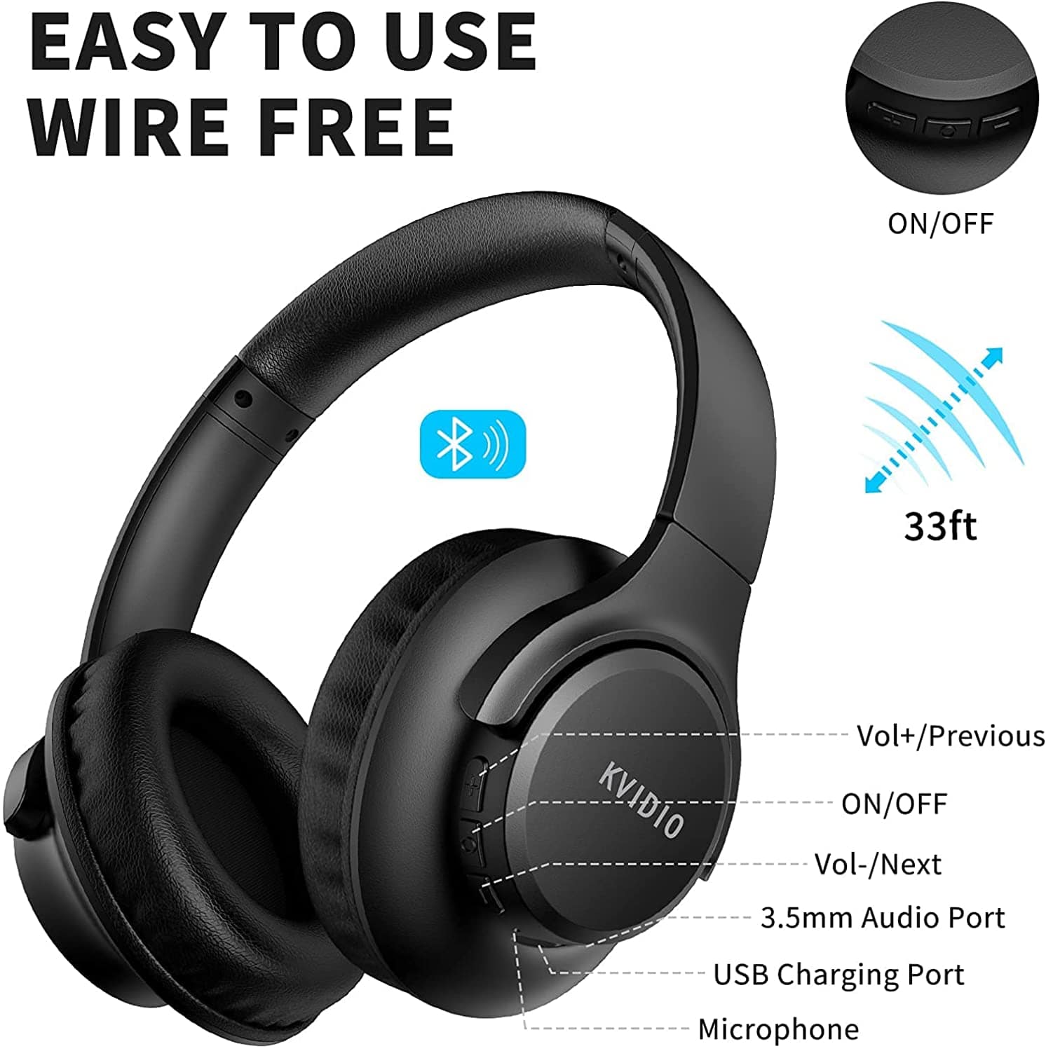 KVIDIO 55Hr Bluetooth Over-Ear Headphones w/Mic, Hi-Fi Sound, Deep Bass, Foldable - Smart Tech Shopping