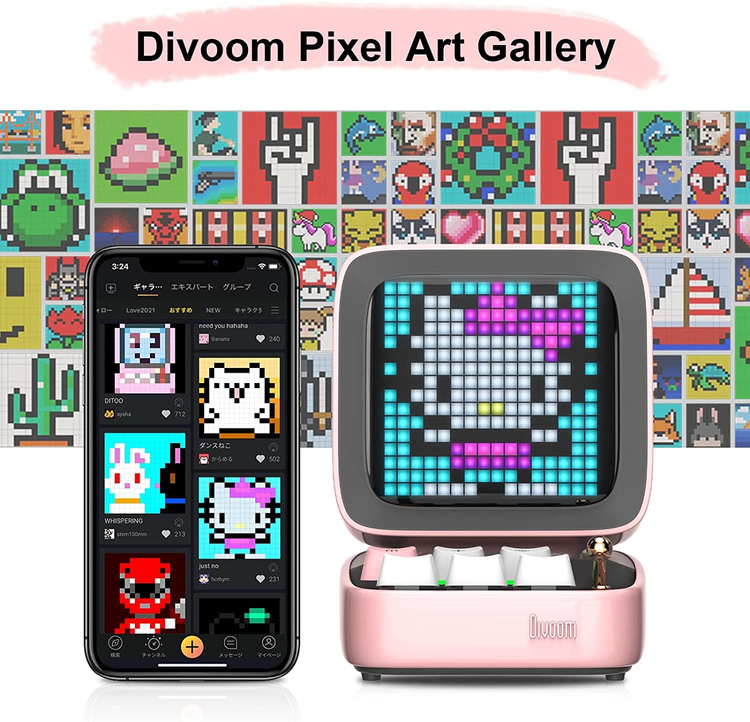 Divoom Ditoo Retro Pixel Art Game Bluetooth Speaker - App-Controlled LED Screen (Pink)