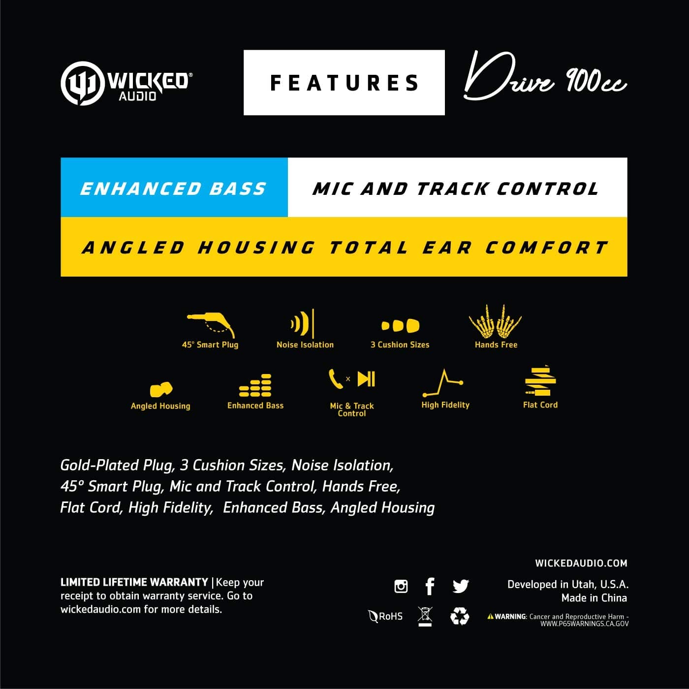 Wicked Audio Drive 900cc Earbuds — Enhanced Bass, Noise Isolating Ear Buds — Microphone and Track Control, Gold-Plated Smart Plug and Flat Cord — Black Earbuds - Smart Tech Shopping