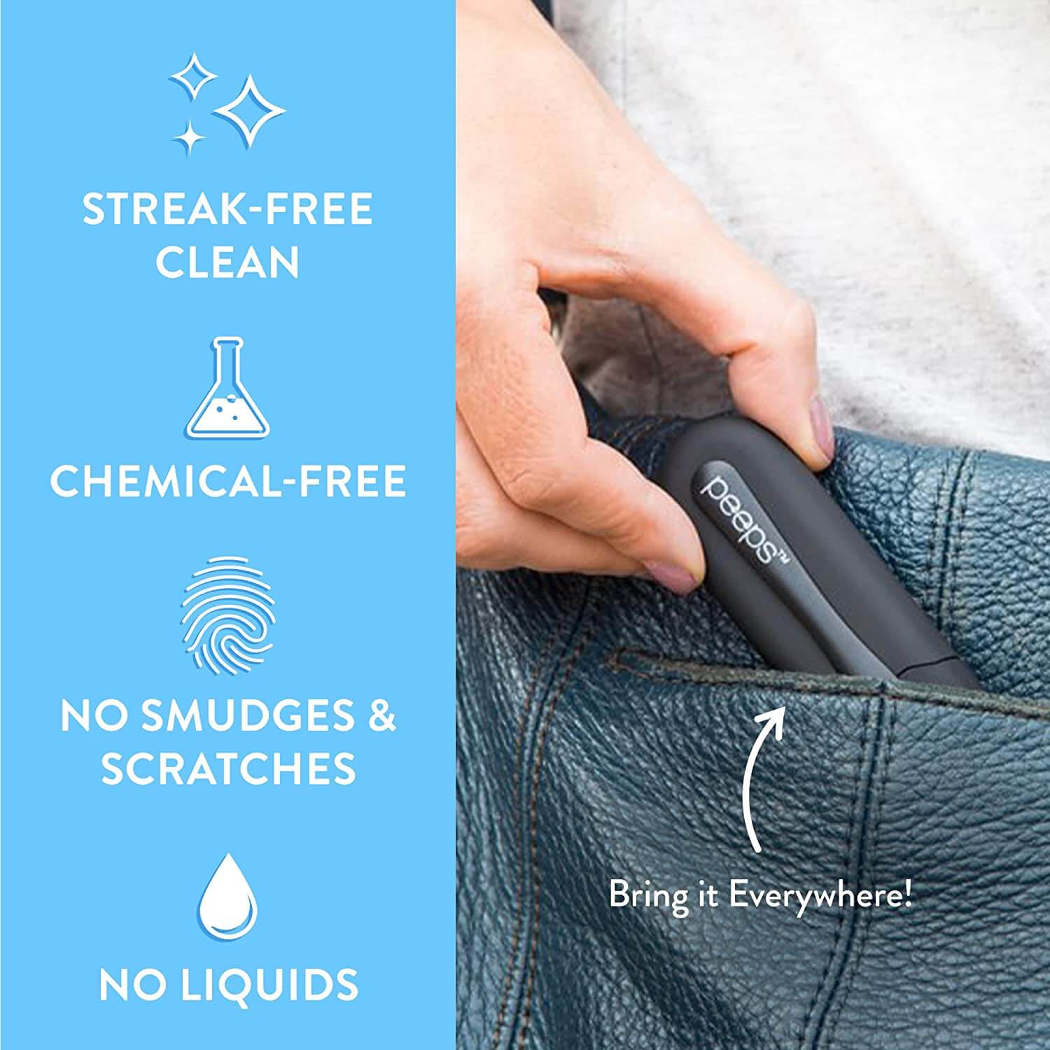 CarbonKlean Peeps Eyeglass Lens Cleaner - Efficient and Durable Carbon Microfiber Technology - Exclusively Used by NASA - 500 Uses (Injected Black)