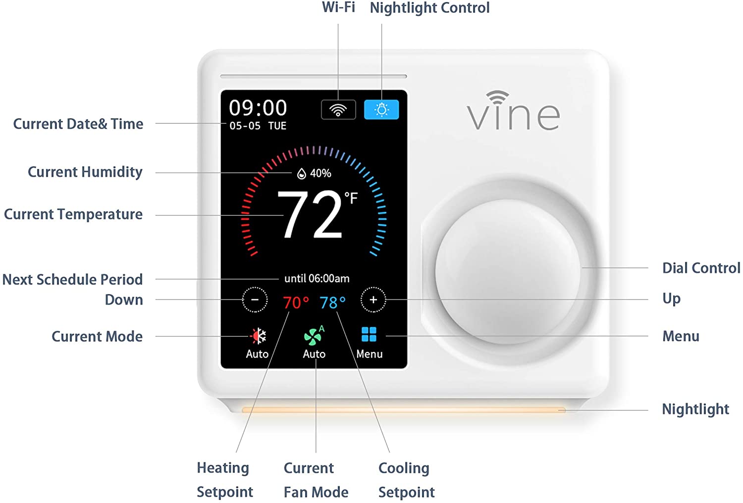 Vine TJ-610E Wi Fi 7 Day and 8 Period Programmable 5th Generation Smart Home Thermostat, Compatible with Amazon Alexa, Google Assistant, and Vine App - Smart Tech Shopping