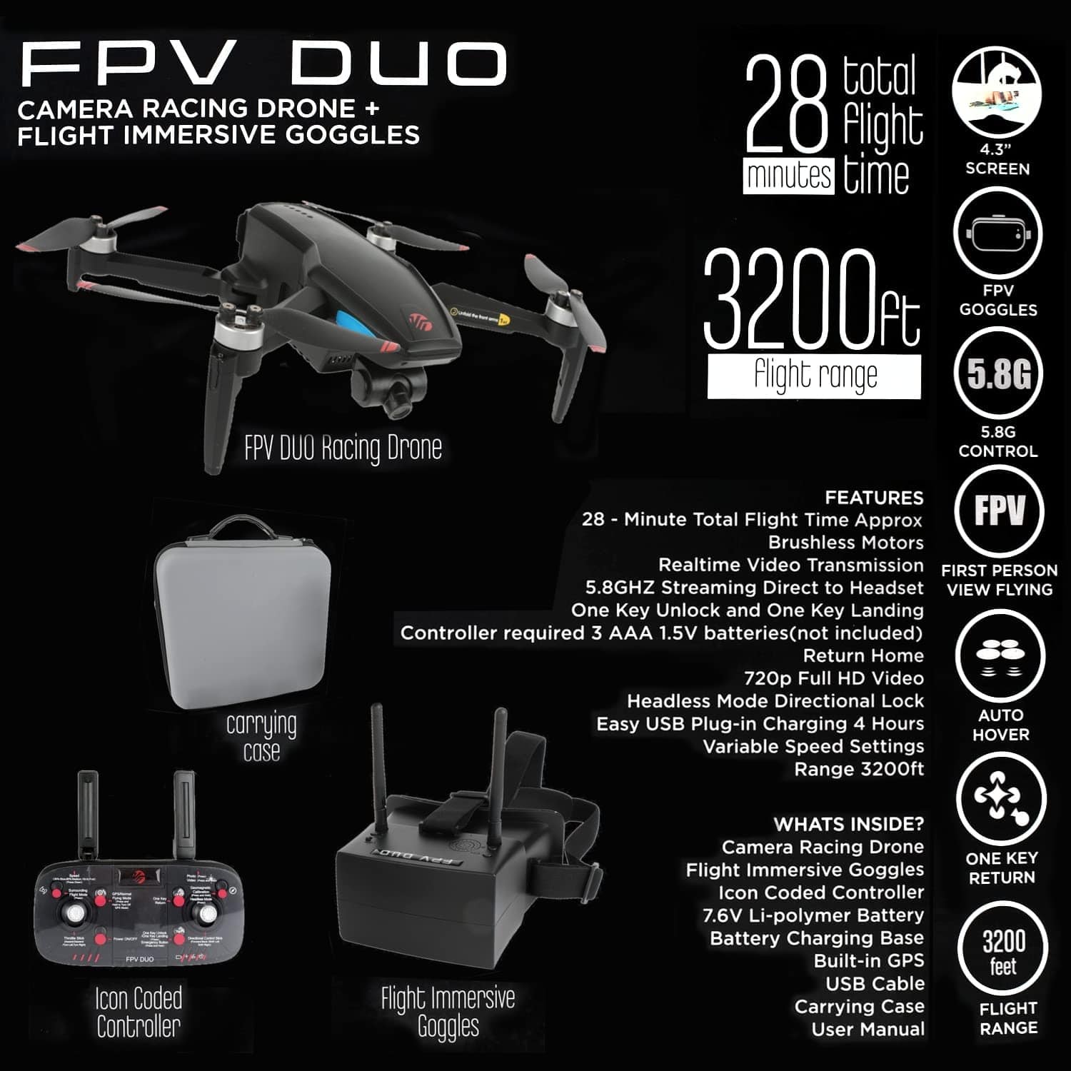 VTI FPV Duo Camera Racing Drone with Immersive Goggles - 28 Min Flight, Easy Controls - Smart Tech Shopping