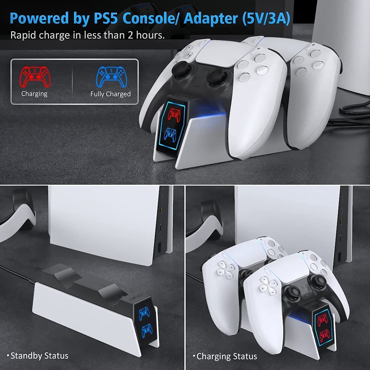 PS5 Charging Station with 2 Fast Charging Cords - DualSense Controller Charger & Docking Station - Smart Tech Shopping