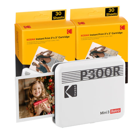 KODAK Mini 3 Retro Portable Photo Printer + 68 Sheets Bundle, White - 3x3 inches Prints