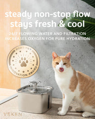 Veken Innovation Award Winner Stainless Steel Cat Water Fountain, 95oz/2.8L Automatic Pet Fountain Dog Water Dispenser with Replacement Filters & Silicone Mat for Cats, Dogs, Multiple Pets (Silver)