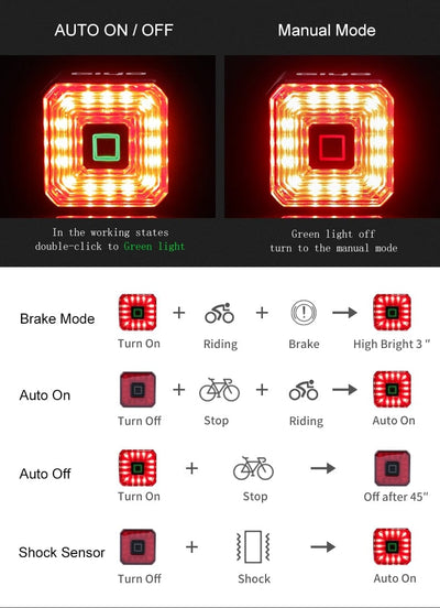 Rechargeable USB Smart Brake Tail Cycling Light Auto Stop LED Back and Waterproof - Smart Tech Shopping
