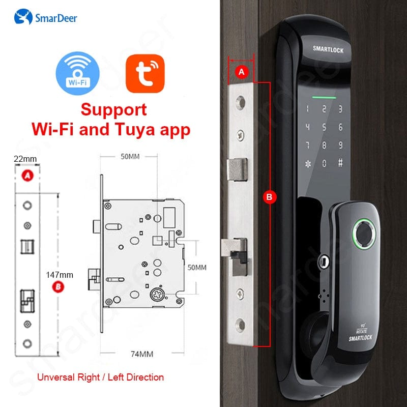 Smart Lock, Fingerprint Electronic lock with Intelligent doorbell Keyless entry With Tuya App