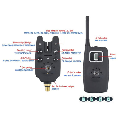 Wireless fishing bite alarm 1+4 set with 4pcs illuminated swinger in EVA case for carp fishing