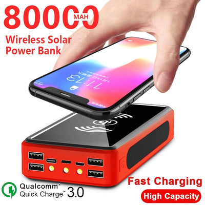 Wireless Fast Charging Solar Power Bank 80000mAh With 4 USB LED - Smart Tech Shopping