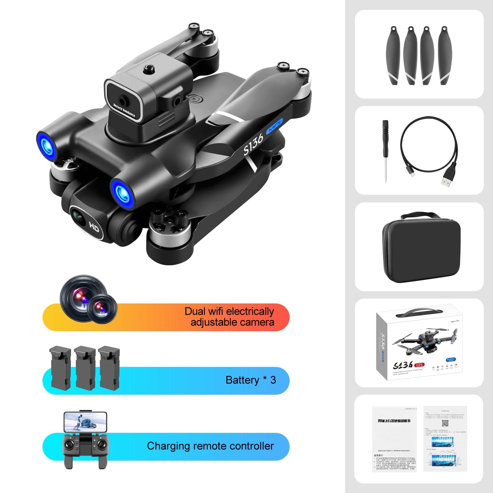 Foldable Quadcopter S136 GPS Rc Drone With 4K HD Dual Camera For Professional Aerial Photography With Obstacle Avoidance