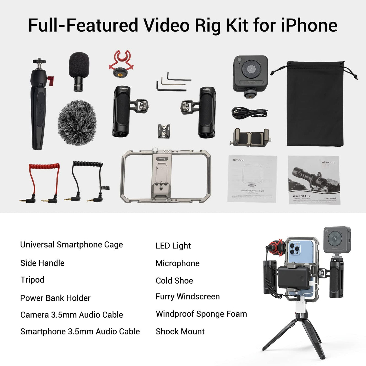 Universal Smartphone Video Kit for Vlogging and Live Streaming Cage Set with Microphone and Light Tripod