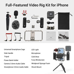 Universal Smartphone Video Kit | Vlogging, Live Streaming | Cage, Mic, Light, Tripod | All Phone Sizes