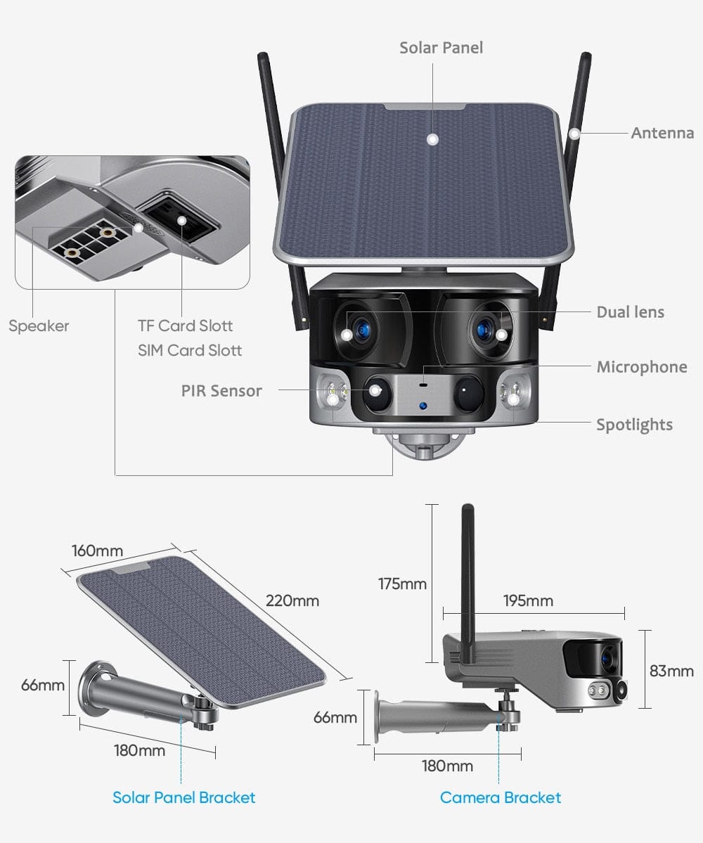 4K 8 MP Dual Lens 180° Solar Security Wide Angle View Camera with 4G and WIFI